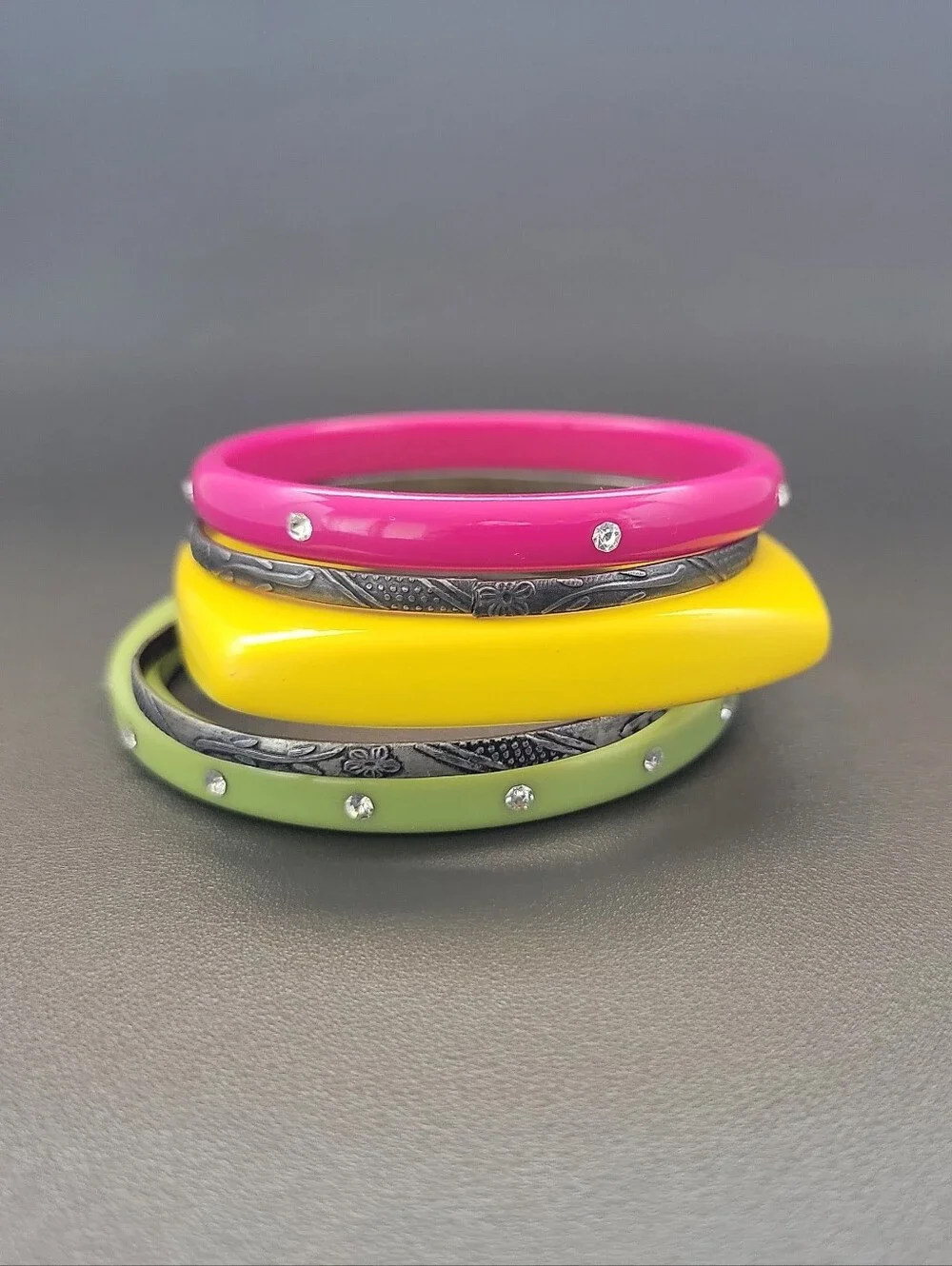 5 Pc Colorful Acrylic & Etched Metal Bangle Bracelet Stack Y2K Boho Retro